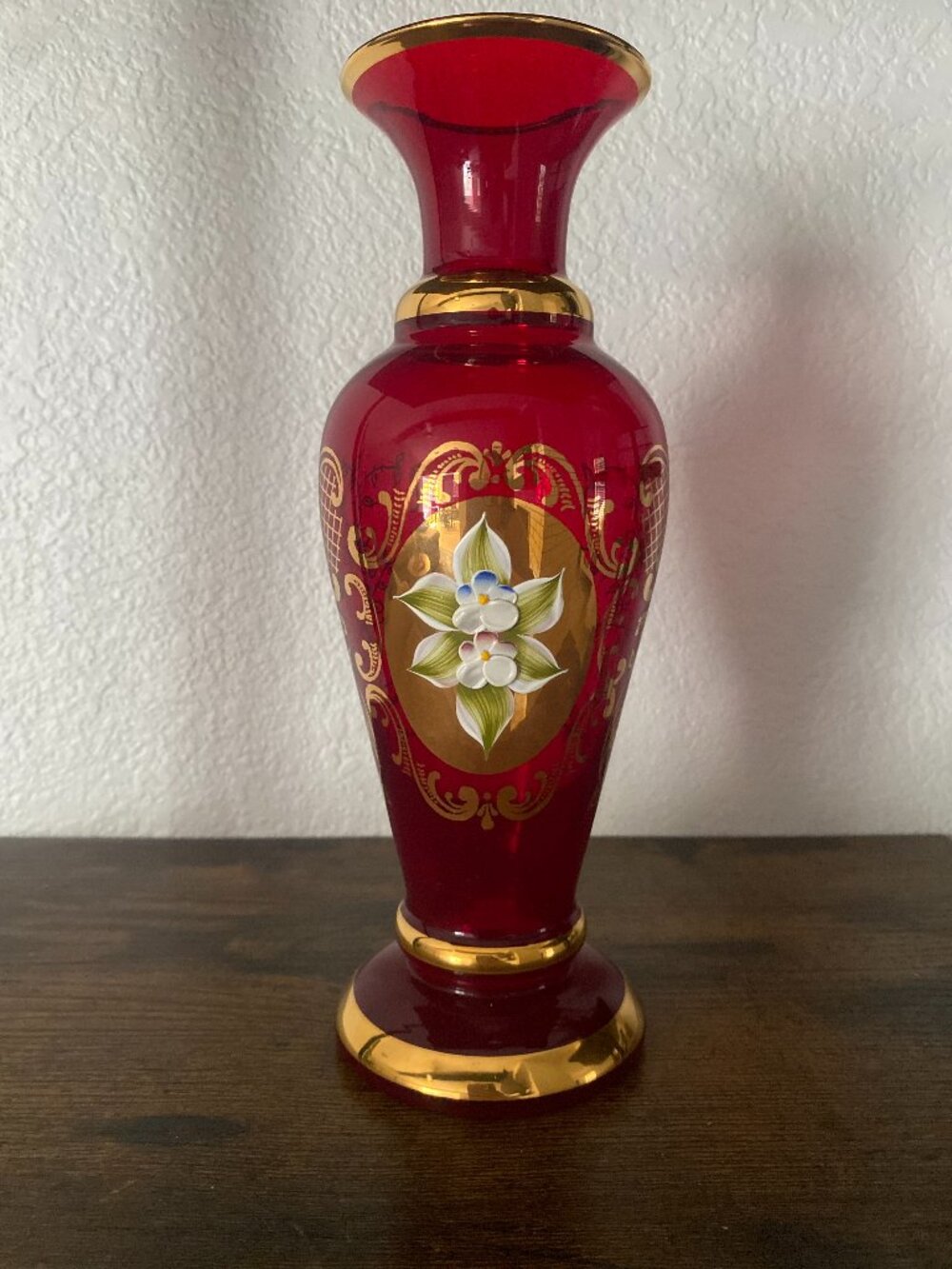 Laguna Murano Glass Ruby Red Gold Floral Vase Vintage Italy Venetian 10"